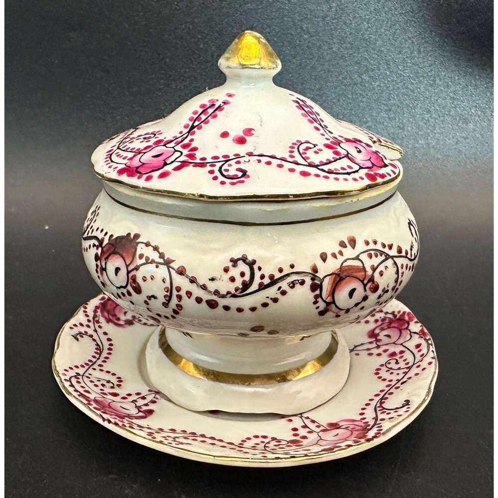 VTG Japan Pink Floral Porcelain Mustard Condiment Pot Lid Underplate Gold 3.5”